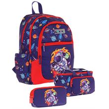 Kaukko Kids Erkek Çocuk İçin Lacivert Kırmızı Renkli Astronot BaskılıÜçlü Okul Çanta Kombinasyonu