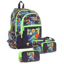 Kaukko Kids Erkek Çocuk İçin Siyah Yeşil Renkli Dinazor DesenliÜçlü Okul Çanta Kombinasyonu