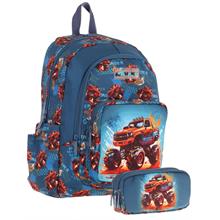 Kaukko Kids (L5282+L8282) Üç Gözlü Erkek Çocuk Okul Çantası ve Kalem Çantası Seti - Yeşil Kırmızı - Arazi Aracı Baskılı