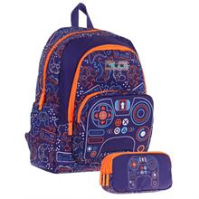 Kaukko Kids (L5281+L8281) Üç Gözlü Erkek Çocuk Okul Çantası ve Kalem Çantası Seti - Turuncu Lacivert - Oyun Baskılı