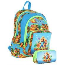Kaukko Kids (L5280+L8280) Üç Gözlü Erkek Çocuk Okul Çantası ve Kalem Çantası Seti - Yeşil Mavi - Craft Baskılı