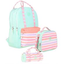 Kaukko Double Stripe Kız Çocuk İlkokul Üçlü Okul Çantası Seti - Su Yeşili Pembe - Çizgi Desenli
