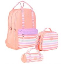 Kaukko Double Stripe Kız Çocuk İlkokul Üçlü Okul Çantası Seti - Somon - Çizgi Desenli