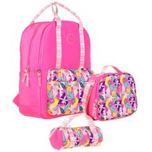 Kaukko Double Stripe Kız Çocuk İlkokul Üçlü Okul Çantası Seti - Pembe - Yaprak Desenli