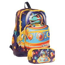 Kaukko Kids Layer Erkek Çocuk Okul Çantası + Kalem Çantası Seti (Mavi Sarı - Astronot Dinazor)