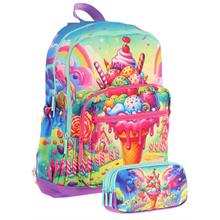 Kaukko Kids Layer Kız Çocuk Okul Çantası + Kalem Çantası Seti (Kırmızı Mavi - Dondurma)