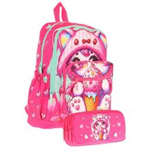 Kaukko Kids Layer Kız Çocuk Okul Çantası + Kalem Çantası Seti (Pembe - Dondurma Yiyen Kedi)