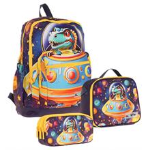 Kaukko Kids Dört Bölmeli Okul Çantası + Beslenme +Kalemlik Seti (Astronot Dinazor - Erkek Çocuk - Mavi Sarı)