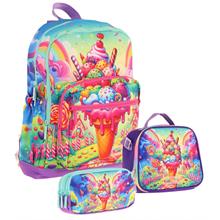 Kaukko Kids Dört Bölmeli Okul Çantası + Beslenme +Kalemlik Seti (Dondurma - Kız Çocuk - Kırmızı Mavi)