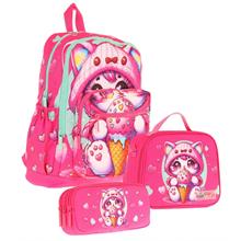 Kaukko Kids Dört Bölmeli Okul Çantası + Beslenme +Kalemlik Seti (Dondurma Yiyen Kedi - Kız Çocuk - Pembe)