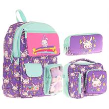 Kaukko Kids Kız Çocuk İlkokul Okul Çantası Seti - Peluş Tavşanlı - Mor Yeşil (L5242+L7242+L8242)
