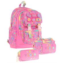 Kaukko Kids Armalı Yazı Desenli Kız Çocuk Üçlü İlkokul Okul Çantası Seti - Pembe