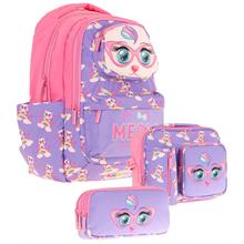 Kaukko Kids 3D Kedi Şekilli Kız Çocuk Üçlü Okul Çantası Seti/Takımı - Mor Pembe (L5236+L7236+L8236)