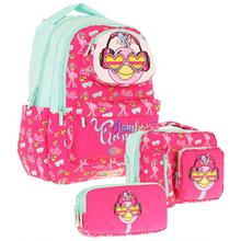 Kaukko Kids 3D Flamingo Şekilli Kız Çocuk Üçlü Okul Çantası Seti/Takımı - Kırmızı Yeşil (L5235+L7235+L8235)
