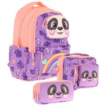 Kaukko Kids 3D Panda Şekilli Kız Çocuk Üçlü Okul Çantası Seti/Takımı - Mor Somon (L5233+L7233+L8233)