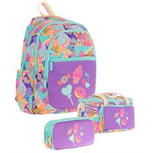 Kaukko Kids Üçlü Kız Çocuk İlkokul Okul Çantası Seti (L5231+L7231+L8231) Yeşil Mor - Şekerleme Desenli
