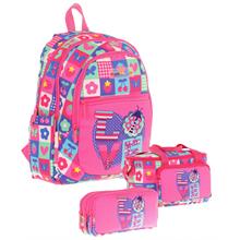 Kaukko Kids Üçlü Kız Çocuk İlkokul Okul Çantası Seti (L5229+L7229+L8229) Pembe Mavi - Love Desenli