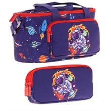 Kaukko (L7267+L8267) Beslenme Çantası (Isı Yalıtımlı) ve Kalem Çantası (Üç Bölme) Seti - Erkek Çocuk - Lacivert Kırmızı Astronot Baskılı