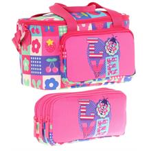 Kaukko (L7229+L8229) Beslenme Çantası (Isı Yalıtımlı) ve Kalem Çantası (Üç Bölme) Seti - Kız Çocuk - Pembe Kırmızı Love Desenli