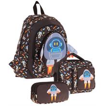 Kaukko Kids Kız Çocuklara Özel (Siyah - 3D Roket Detaylı) Üçlü Okul Çantası Seti