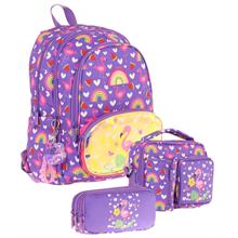 Kaukko Kids Kız Çocuklara Özel (Mor Pembe - Flamingo Nakışlı ve Baskılı) Üçlü Okul Çantası Seti