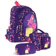 Kaukko Kids Kız Çocuklara Özel (Mor Pembe - Flamingo Detaylı) Üçlü Okul Çantası Seti