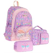 Kaukko Kids Kız Çocuklara Özel (Mor - Nakışlı Kelebek Desenli) Üçlü Okul Çantası Seti