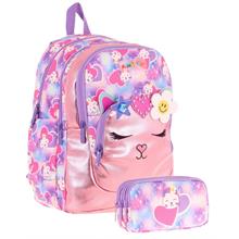 Kaukko Kids Kız Çocuklar İçin Sırt Çantası ve Kalemlik Seti - Kedi Şekilli - Pembe Mor - (L5219+L8219)