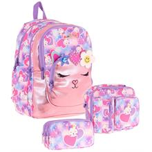 Kaukko Kids Kedi Şekilli (Pembe Mor) Kız Çocuk Üçlü İlkokul Okul Çantası Seti