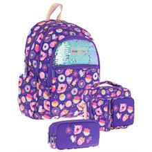 Kaukko Kids Kız Çocuk - Mor Pullu Şekerleme Desenli - Okul Çanta Seti (Sırt Çantası+Beslenme Çantası+Kalemlik)