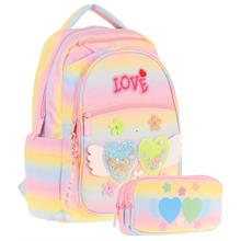 Kaukko Kids Simli Kalp ve Çiçek Detaylı Kız Çocuk Okul Çantası ve Üç Gözlü Kalem Çantası Seti (L5213+L8213)