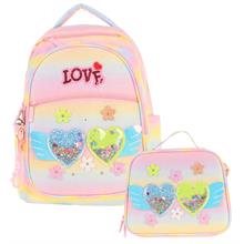 Kaukko Kids Dört Bölmeli Okul Çantası ve Beslenme Çantası Seti - Simli Kalp ve Çiçek Detaylı - Kız Çocuk (L5213+L7213)