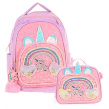 Kaukko Kids Dört Bölmeli Okul Çantası ve Beslenme Çantası Seti - Simli Unicorn Desenli - Kız Çocuk (L5212+L7212)