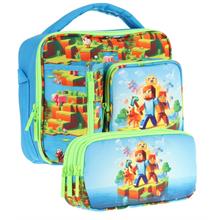 Kaukko Kids Erkek Çocuk Mavi Yeşil Craft Desenli Üç Bölmeli Thermo Beslenme Çantası ve Kalemlik Seti (L7280+L8280)