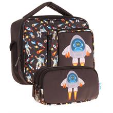 Kaukko Kids Erkek Çocuk Siyah Roket Baskılı Üç Bölmeli Thermo Beslenme Çantası ve Kalemlik Seti (L7264+L8264)