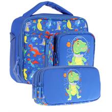 Kaukko Kids Erkek Çocuk Mavi Yeşil Dinazor Baskılı Üç Bölmeli Thermo Beslenme Çantası ve Kalemlik Seti (L7262+L8262)