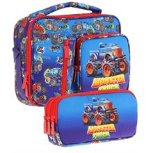 Kaukko Kids Erkek Çocuk Lacivert Kırmızı Kamyon Üç Bölmeli Thermo Beslenme Çantası ve Kalemlik Seti (L7257+L8257)
