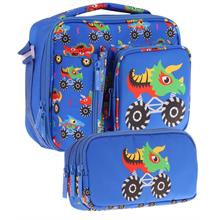 Kaukko Kids Erkek Çocuk Mavi Yeşil Canavar Üç Bölmeli Thermo Beslenme Çantası ve Kalemlik Seti (L7255+L8255)