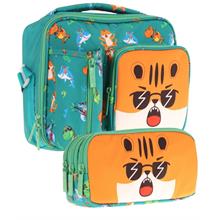 Kaukko Kids Erkek Çocuk Yeşil Turuncu Aslan Üç Bölmeli Thermo Beslenme Çantası ve Kalemlik Seti (L7254+L8254)