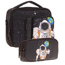 Kaukko Kids Erkek Çocuk Siyah Beyaz Astronor Üç Bölmeli Thermo Beslenme Çantası ve Kalemlik Seti (L7253+L8253)