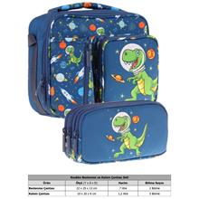 Kaukko Kids Erkek Çocuk Lacivert Yeşil Dinazor Baskılı Üç Bölmeli Thermo Beslenme Çantası ve Kalemlik Seti (L7252+L8252)