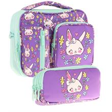 Kaukko Kids Kız Çocuk Mor Yeşil Tavşan Desenli Üç Bölmeli Thermo Beslenme Çantası ve Kalemlik Seti (L7242+L8242)