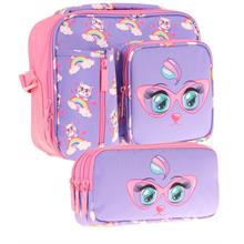 Kaukko Kids Kız Çocuk Lila Pembe Kedi Baskılı Üç Bölmeli Thermo Beslenme Çantası ve Kalemlik Seti (L7236+L8236)
