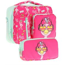 Kaukko Kids Kız Çocuk Kırmızı Yeşil Flamingo Desenli Üç Bölmeli Thermo Beslenme Çantası ve Kalemlik Seti (L7235+L8235)