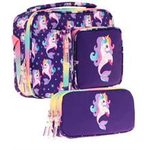 Kaukko Kids Kız Çocuk Mor Çok Renkli Unicorn ve Denizkızı Üç Bölmeli Thermo Beslenme Çantası ve Kalemlik Seti (L7228+L8228)