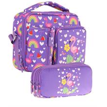 Kaukko Kids Kız Çocuk Pembe Mor Flamingo Üç Bölmeli Thermo Beslenme Çantası ve Kalemlik Seti (L7226+L8226)