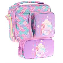 Kaukko Kids Kız Çocuk Mor Yeşil Denizkızı Üç Bölmeli Thermo Beslenme Çantası ve Kalemlik Seti (L7225+L8225)