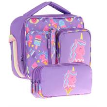 Kaukko Kids Kız Çocuk Lila Pembe Unicorn Desenli Üç Bölmeli Thermo Beslenme Çantası ve Kalemlik Seti (L7224+L8224)