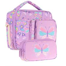 Kaukko Kids Kız Çocuk Lila Kelebek Desenli Üç Bölmeli Thermo Beslenme Çantası ve Kalemlik Seti (L7222+L8222)