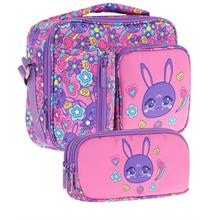 Kaukko Kids Kız Çocuk Mor Pembe Tavşan Baskılı Üç Bölmeli Thermo Beslenme Çantası ve Kalemlik Seti (L7220+L8220)